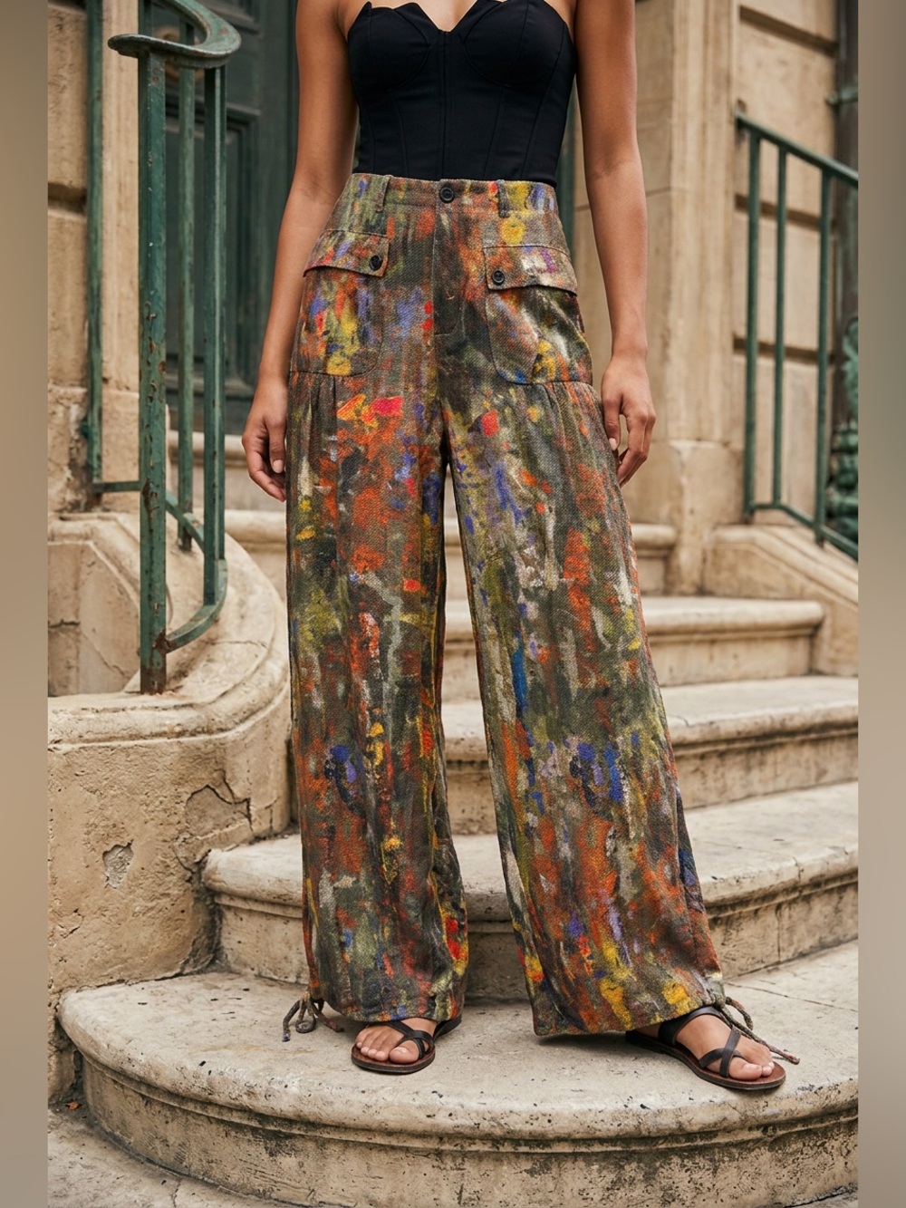 DAVI & DANI Olive Multi Paint-Splatter Cargo Wide Leg Pants